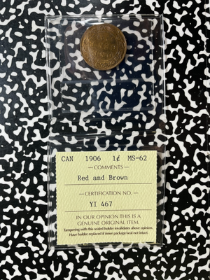 1906 Canada Large Cent ICCS MS62RB Lot#OV1590 Nice UNC!