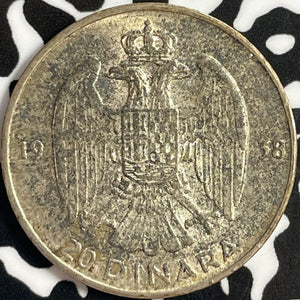 1938 Yugoslavia 20 Dinara Lot#D9675 Silver! High Grade! Beautiful!