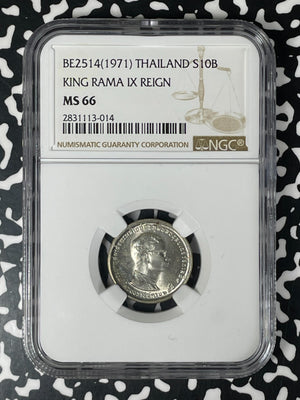 BE 2514 (1971) Thailand Rama IX 10 Baht NGC MS66 Lot#G338 Silver! Gem BU!