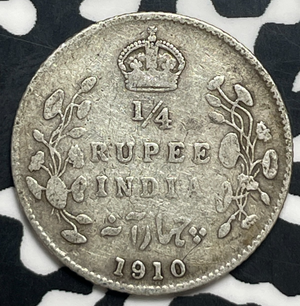 1910 India 1/4 Rupee Lot#T9917 Silver!