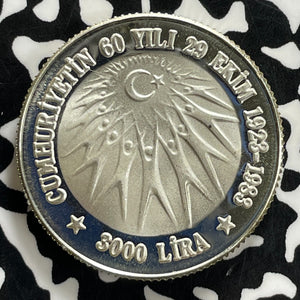 1983 Turkey Repulic 60th Anniversary 3000 Lira Lot#JM0160 Silver! Proof!