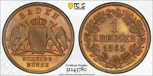 1865 Germany Baden 1 Kreuzer PCGS MS65BN Lot#G9353 Top Graded! Gem BU!