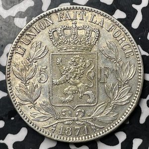 1871 Belgium 5 Francs Lot#E7222 Large Silver Coin! Nice!