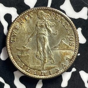 1944-D U.S. Philippines 20 Centavos Lot#C0825 Silver! High Grade! Beautiful!