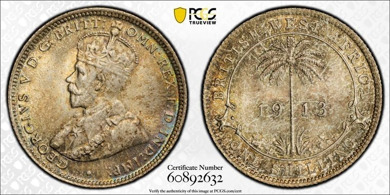 1913 British West Africa 1 Shilling PCGS MS66 Lot#G2293 Silver! Beautiful Toning