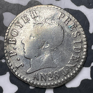 AN 28 (1831) Haiti 25 Centimes Lot#MK374 Silver! Cleaned, KM#18.1