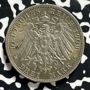 1908-D Germany Baden 3 Mark Lot#C0024 Silver! Nice!