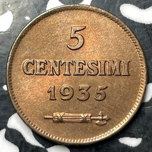 1935 San Marino 5 Centesimi Lot#E8779 High Grade! Beautiful!