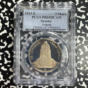 1913-E Germany Saxony 3 Mark PCGS PR65 DCAM Lot#G1078 Silver! Proof! Gem BU!