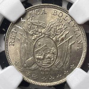 1892-H Bolivia 5 Centavos NGC MS63 Lot#G8526 Choice UNC!