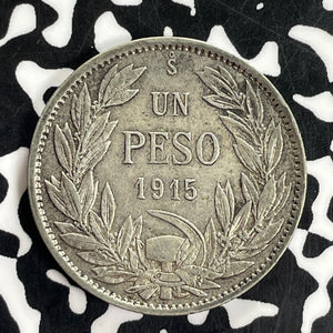 1915-So Chile 1 Peso Lot#C1049 Silver! Nice!