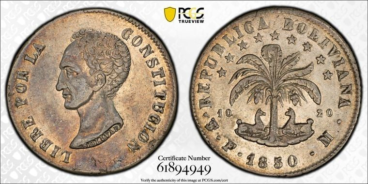 1850-PTS FM Bolivia 8 Soles PCGS Cleaned-AU Details Lot#G3896 Large Silver!