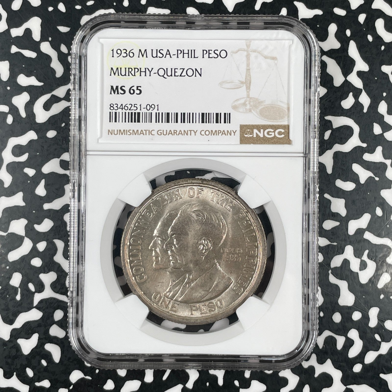1936-M U.S. Philippines Murphy-Quezon 1 Peso NGC MS65 Lot#G3667 Silver! Gem BU!