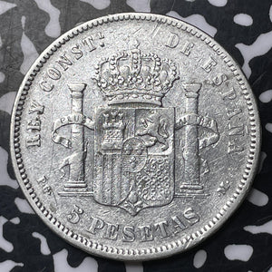1891 Spain 5 Pesetas Lot#T2215 Large Silver Coin! Cleaned