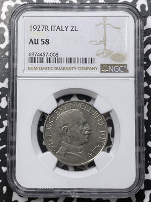 1927-R Italy 2 Lire NGC AU58 Lot#G7477 Silver! Key Date!