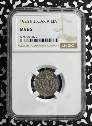 1925 Bulgaria 1 Lev NGC MS66 Lot#G750 Gem BU!