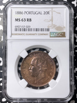 1886 Portugal 20 Reis NGC MS63RB Lot#G8981 Choice UNC! Top Graded!