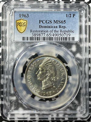 1963 Dominican Republic 1/2 Peso PCGS MS65 Lot#G8307 Silver! Gem BU!