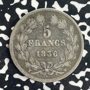 1836-W France 5 Francs Lot#T8296 Large Silver Coin!