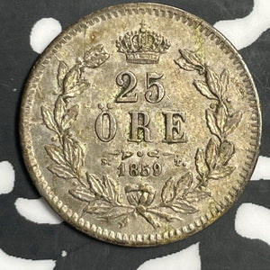 1859 Sweden 25 Ore Lot#E6617 Silver! Nice Detail, Obverse Scratch