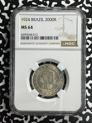 1924 Brazil 2000 Reis NGC MS64 Lot#G737 Silver! Choice UNC!