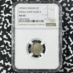 1874-H Canada 5 Cents NGC AU55 Lot#G9877 Silver! Small Date Plain '4' Variety