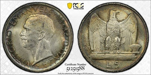 1927-R Italy 5 Lire PCGS MS63 Lot#G9177 Silver! Choice UNC!