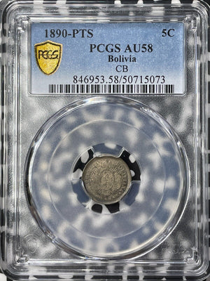 1890-PTS CB Bolivia 5 Centavos PCGS AU58 Lot#G9231 Silver!