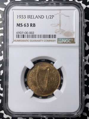 1933 Ireland 1/2 Half Penny NGC MS63RB Lot#G8997 Choice UNC! Key Date!