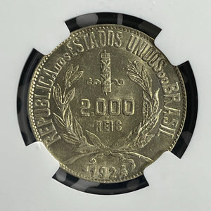 1924 Brazil 2000 Reis NGC MS62 Lot#G736 Silver! Nice UNC!