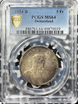 1954-B Switzerland 5 Francs PCGS MS64 Lot#G8173 Large Silver! Beautiful Toning!