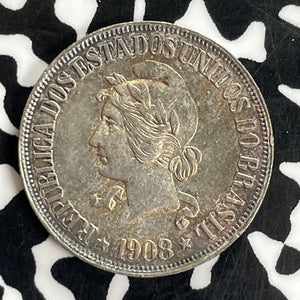 1908 Brazil 500 Reis Lot#C1133 Silver! High Grade! Beautiful!