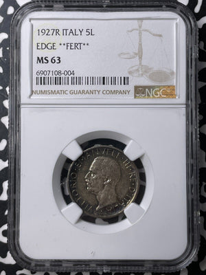 1927-R Italy 5 Lire NGC MS63 Lot#G9034 Silver! Choice UNC! Edge 'Fert'