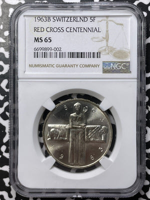 1963-B Switzerland 5 Francs NGC MS65 Lot#G7529 Silver! Red Cross Centennial