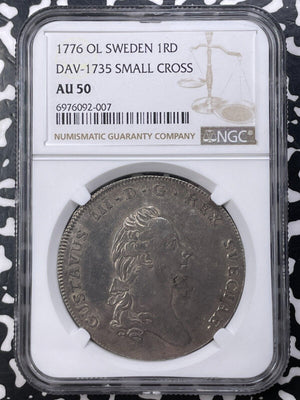 1776-OL Sweden 1 Riksdaler NGC AU50 Lot#G9363 Silver! DAV-1735 Small Cross