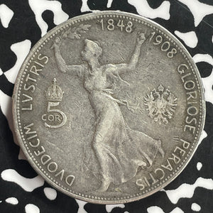 1908 Austria 5 Corona Lot#C0028 Large Silver Coin!