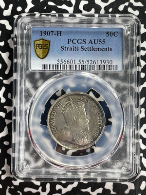 1907-H Straits Settlements 50 Cents PCGS AU55 Lot#G922 Silver!