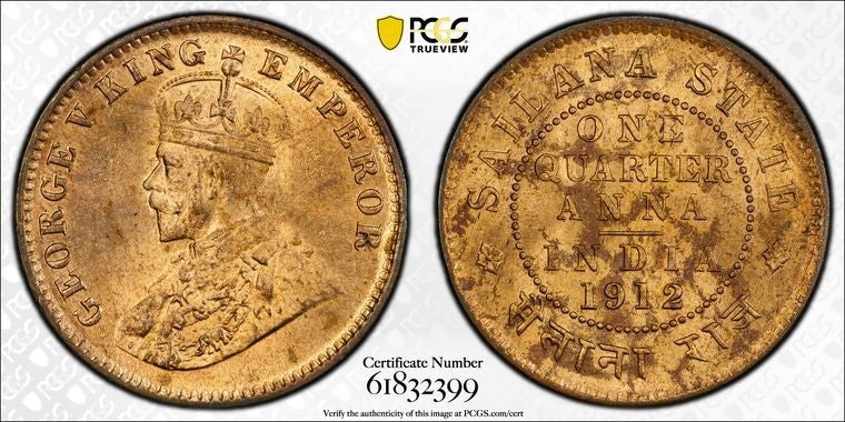 1912 India Sailana 1/4 Anna PCGS MS63RB Lot#G3422 Choice UNC!