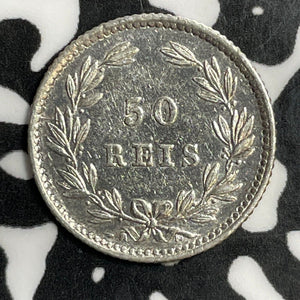 1889 Portugal 50 Reis Lot#E5721 Silver! Old Cleaning