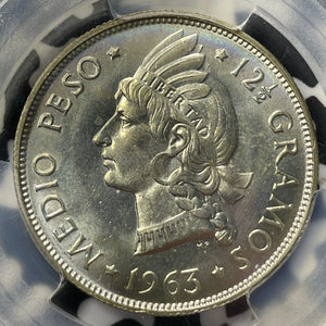 1963 Dominican Republic 1/2 Peso PCGS MS65 Lot#G8307 Silver! Gem BU!