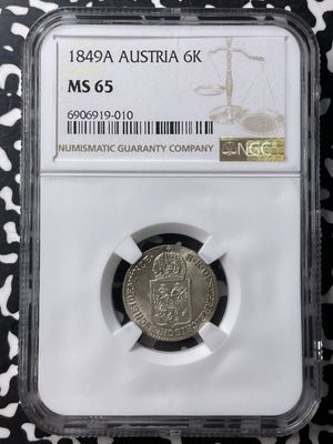 1849-A Austria 6 Kreuzer NGC MS65 Lot#G8789 Gem BU!