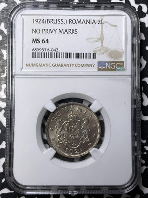 1924 Romania 2 Lei NGC MS64 Lot#G8428 Choice UNC! No Privy Marks