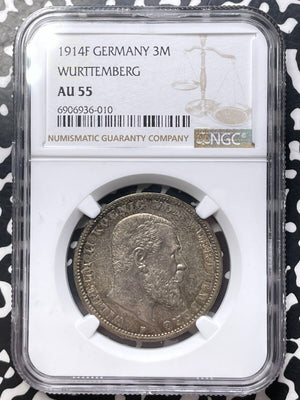 1914-F Germany Wurttemberg 3 Mark NGC AU55 Lot#G8747 Silver!