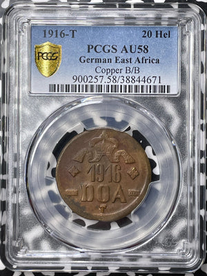 1916-T German East Africa 20 Heller PCGS AU58 Lot#MK94 Copper