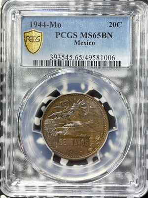 1944-Mo Mexico 20 Centavos PCGS MS65BN Lot#G8130 Gem BU! Beautiful Toning!