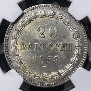 1858-B Papal States 20 Baiocchi NGC MS61 Lot#G9030 Silver! Top Graded! KM#1337a