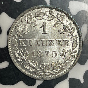 1870 Germany Wurttemberg 1 Kreuzer Lot#T3566 Silver! High Grade! Beautiful!