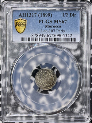 AH 1317 (1899) Morocco 1/2 Dirham PCGS MS67 Lot#G9376 Silver! Solo Top Graded!