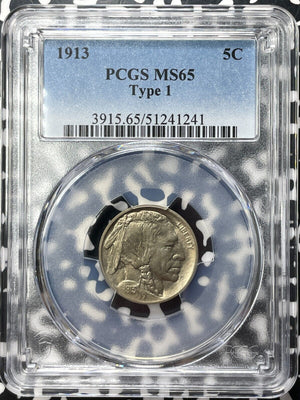 1913 U.S. 5 Cents Buffalo Nickel PCGS MS65 Lot#G9298 Gem BU! Type 1