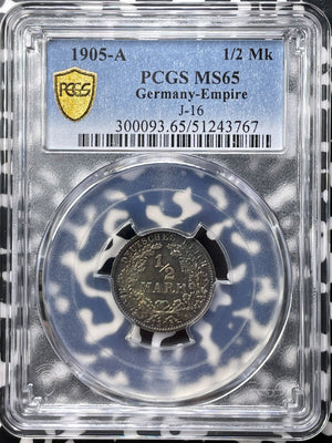 1905-A Germany 1/2 Mark PCGS MS65 Lot#G9342 Silver! Beautiful Toning! J-16